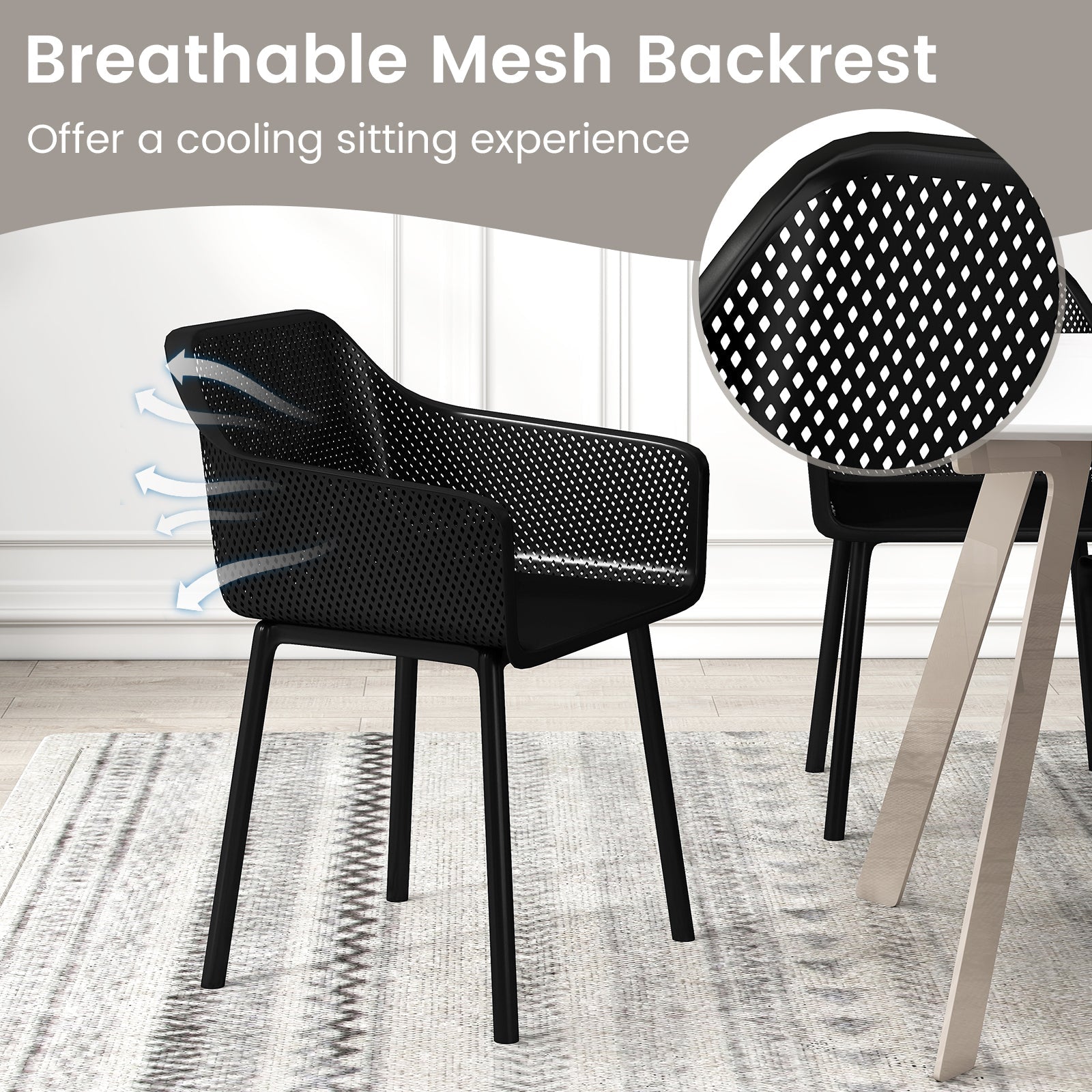 Modern Plastic Dining Chairs Set of 4 Kitchen Armchairs with Breathable Mesh Backrest-Black