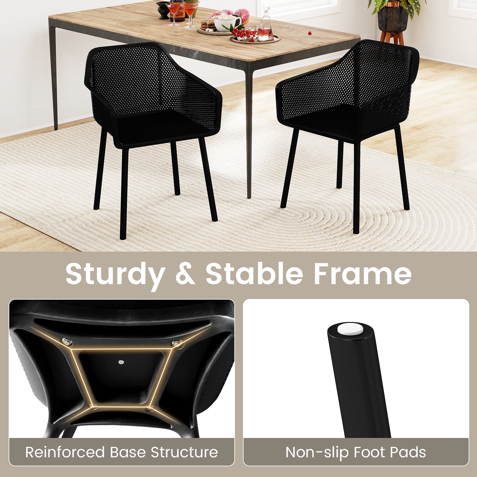 Modern Plastic Dining Chairs Set of 2 Kitchen Armchairs with Breathable Mesh Backres-Black
