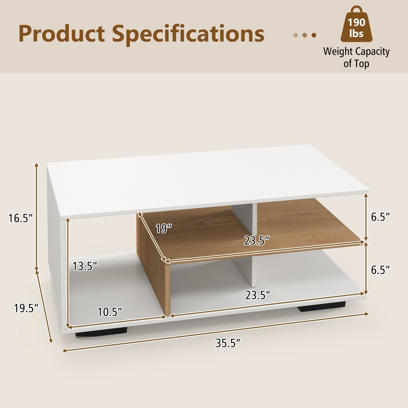 Rectangular Coffee Table with L-shaped Middle Shelf