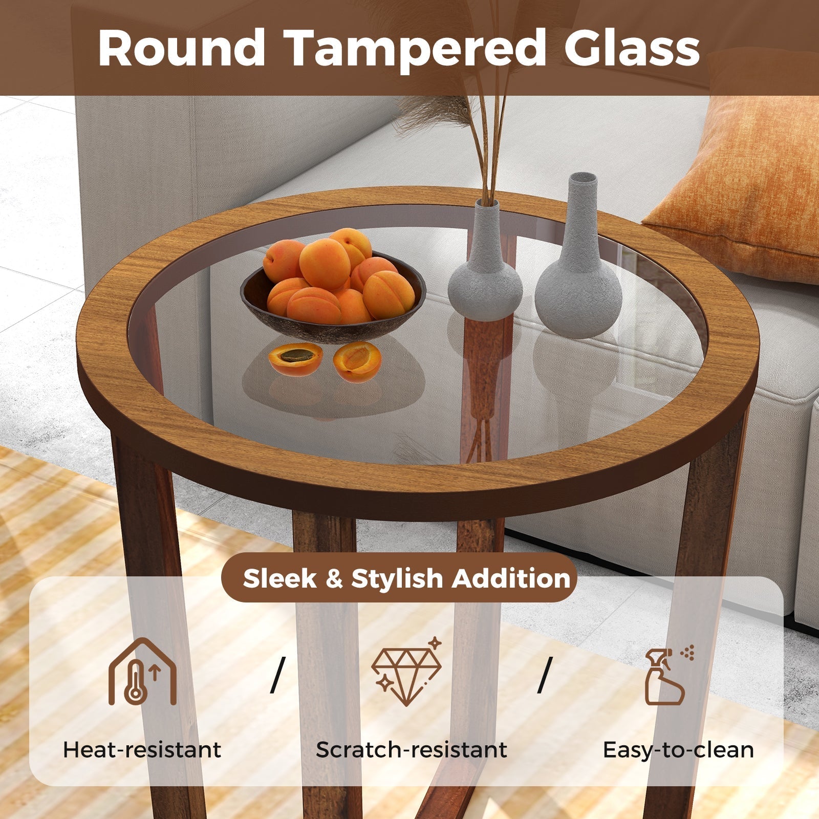 Modern Round End Table Sofa Side Table with Transparent Tempered Glass Top-Brown