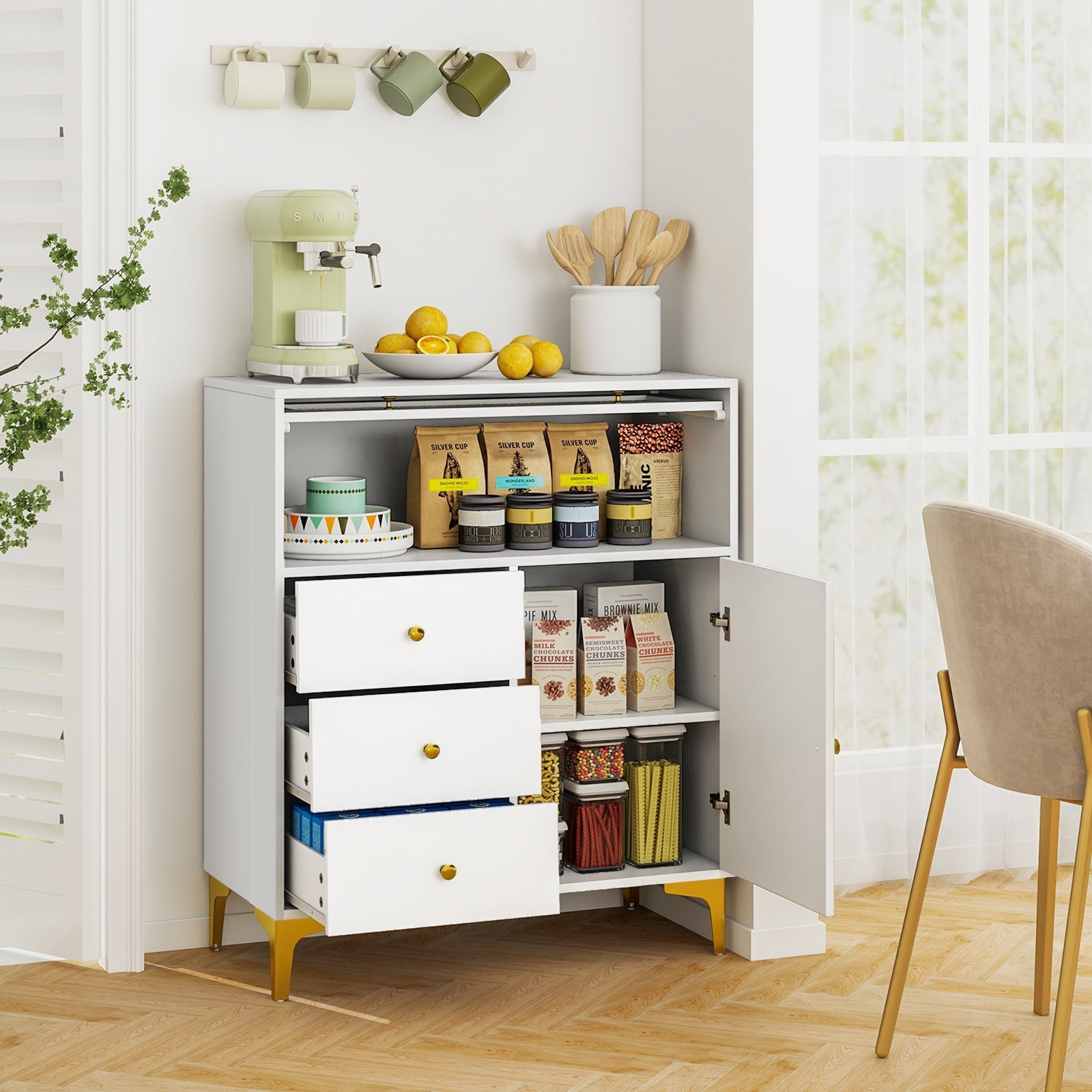 Chest of Drawers with Flip Up Fluted Glass Door for Bedroom Kitchen-Gray