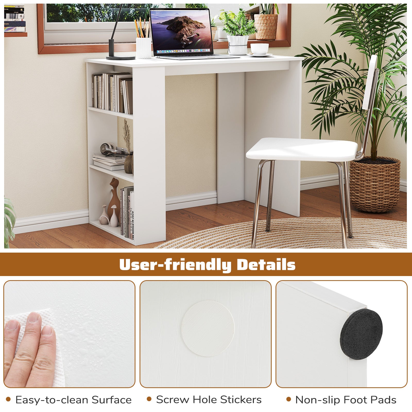 Computer Desk with Bookshelf for Small Space-White