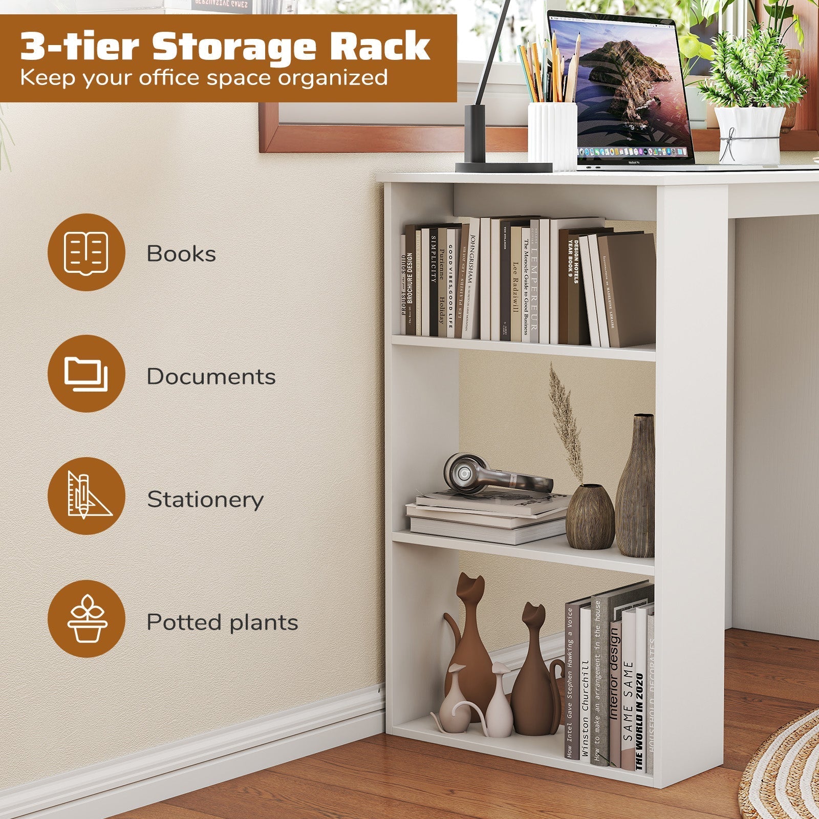 Computer Desk with Bookshelf for Small Space-White