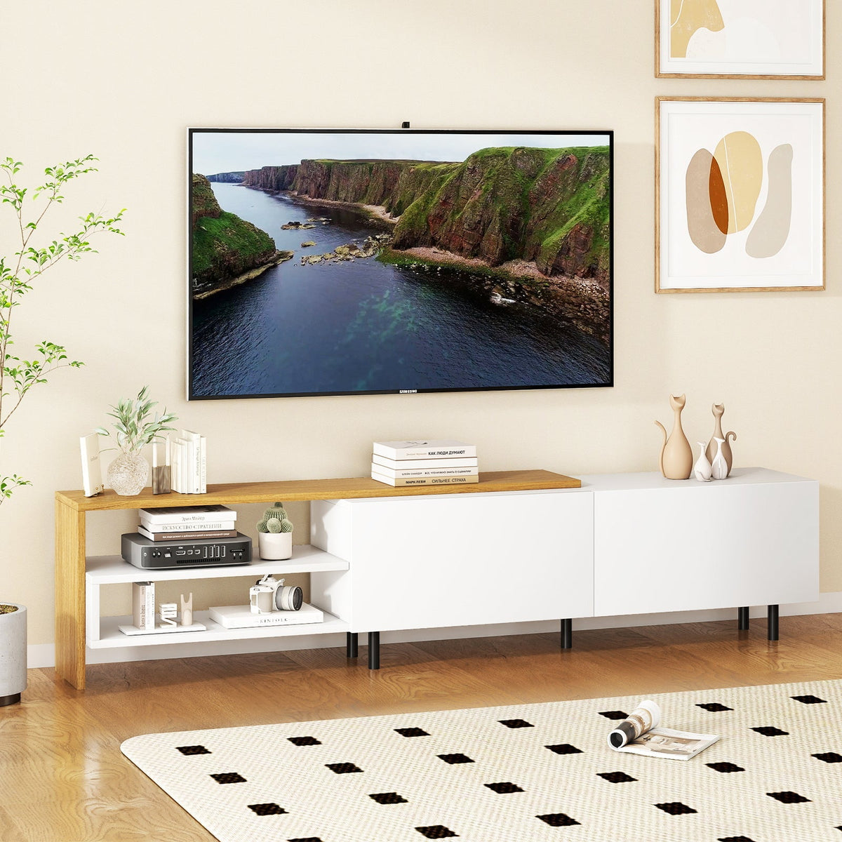 Modern TV Stand for 80 Inches TVs with Storage Shelves and Cabinets-White