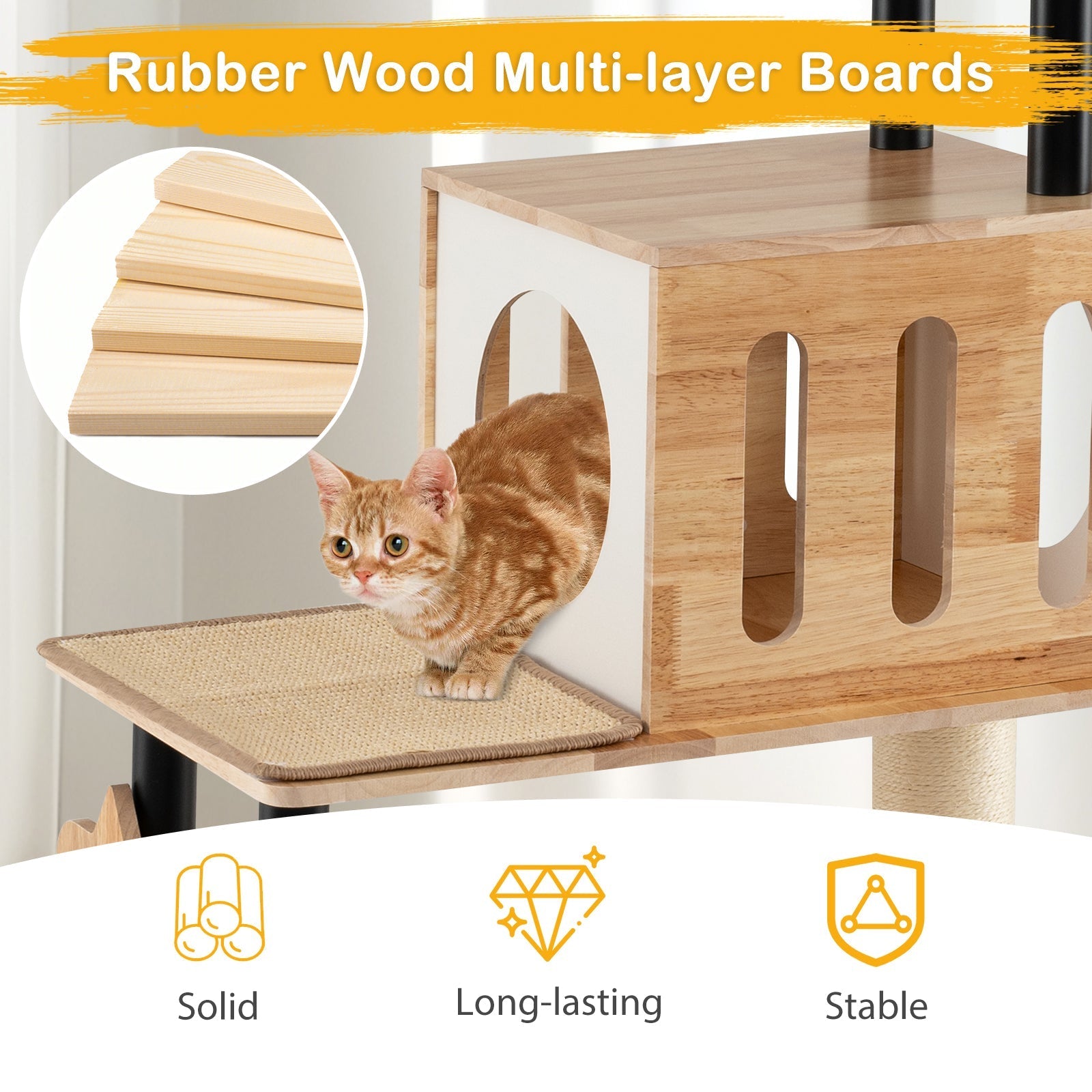 Modern Tall Cat Tower with Double Condos with Dangling Balls and Sisal Carpets-Natural