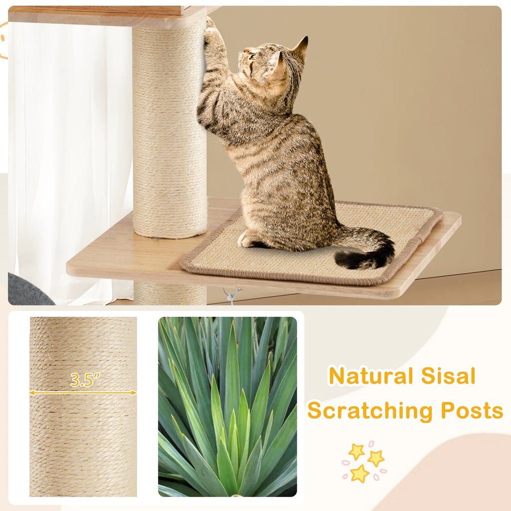 Modern Tall Cat Tower with Double Condos with Dangling Balls and Sisal Carpets-Natural