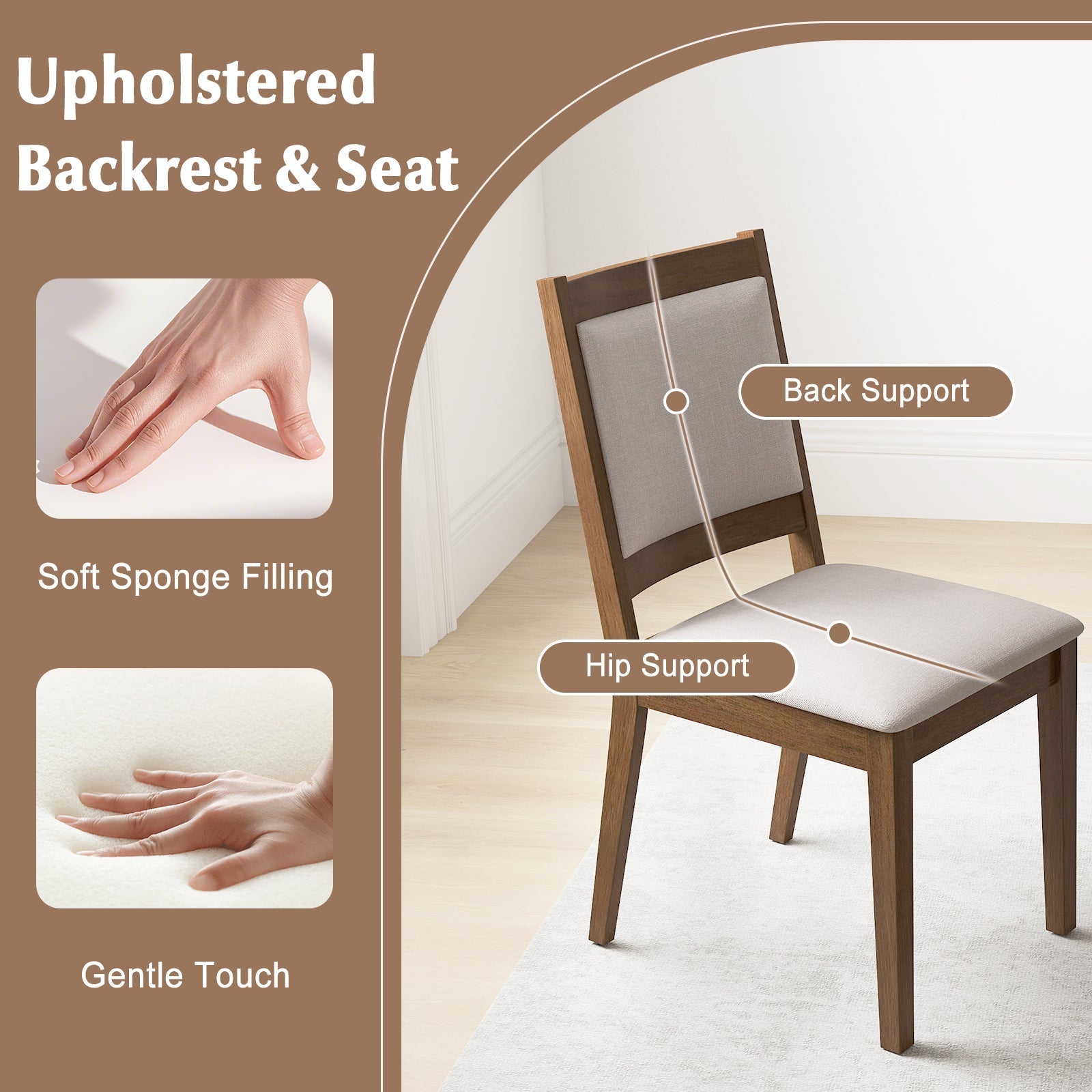 Modern Dining Upholstered Kitchen Chair Set of 2 with Padded Backrest-Brown