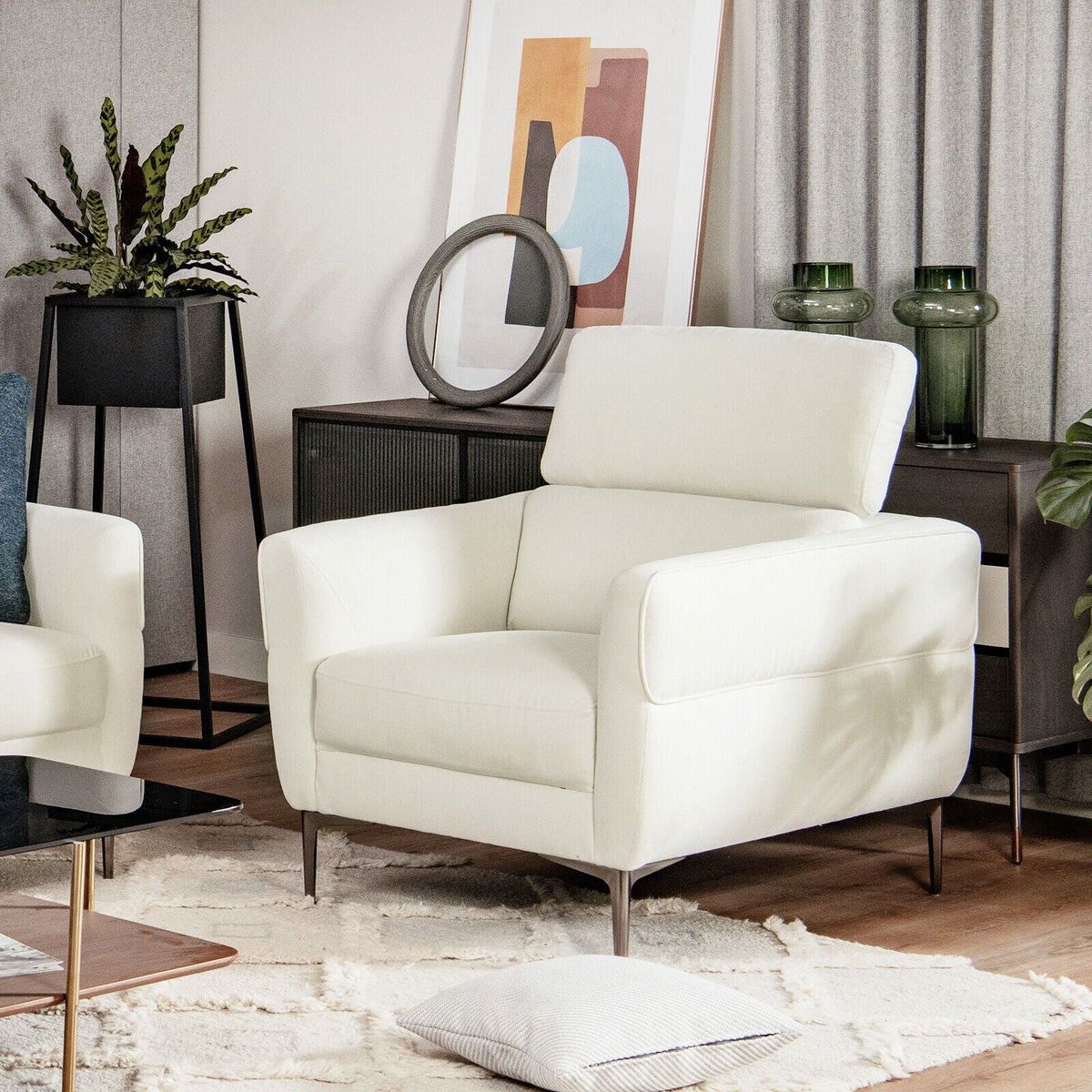 Modern Upholstered Single Sofa with Adjustable Headrest