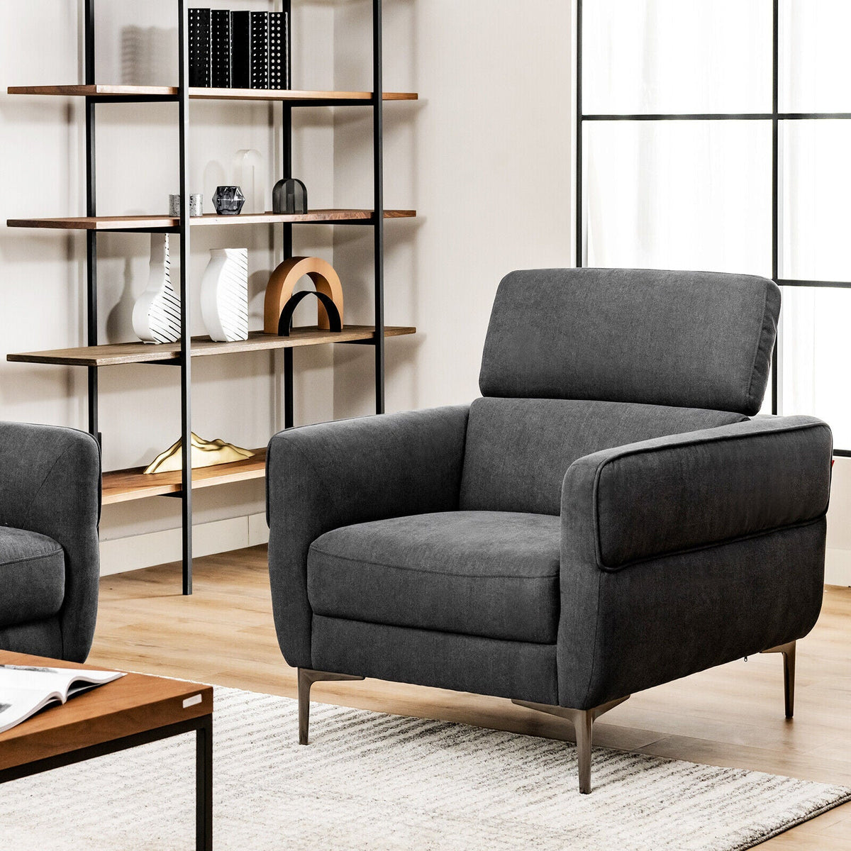 Modern Upholstered Single Sofa with Adjustable Headrest