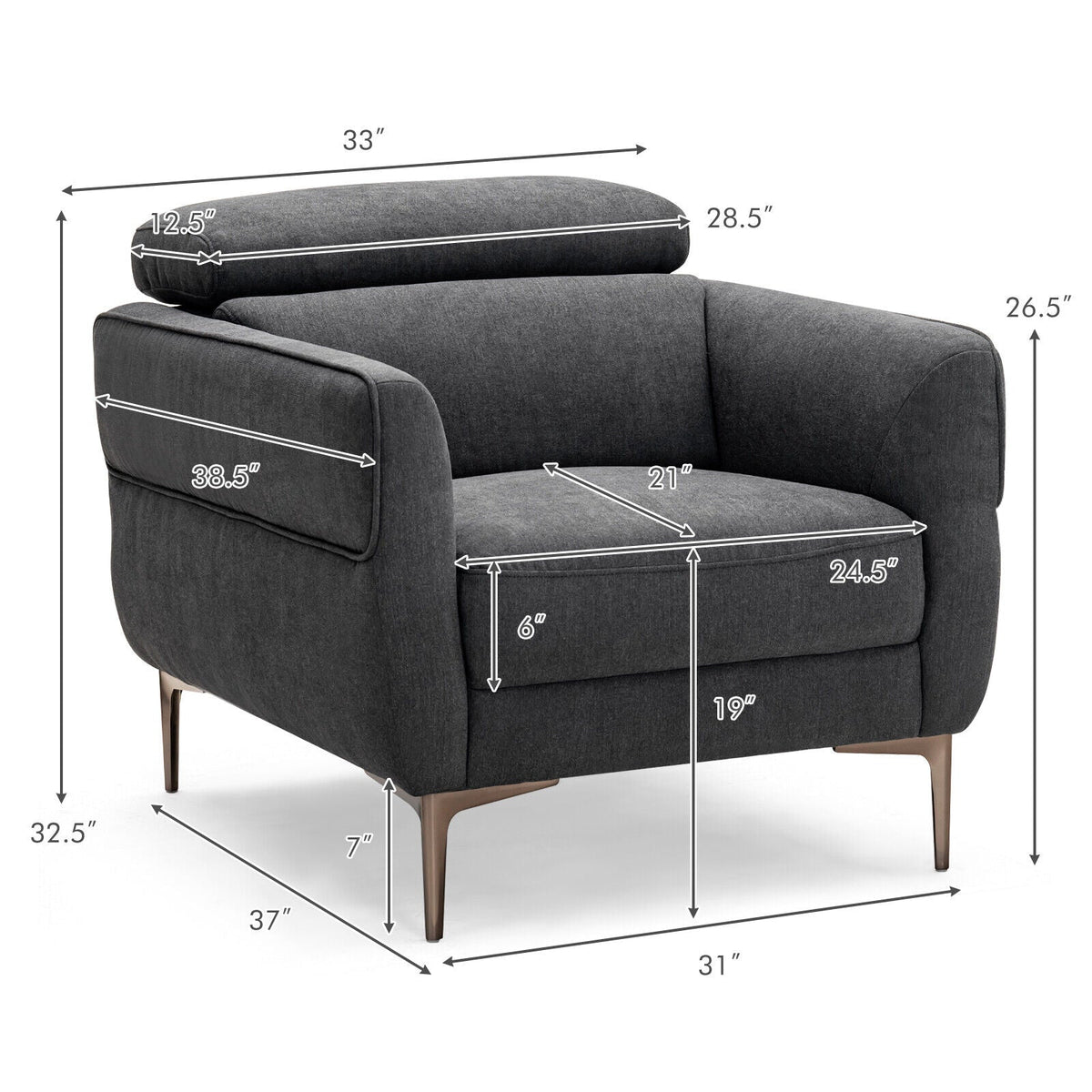 Modern Upholstered Single Sofa with Adjustable Headrest