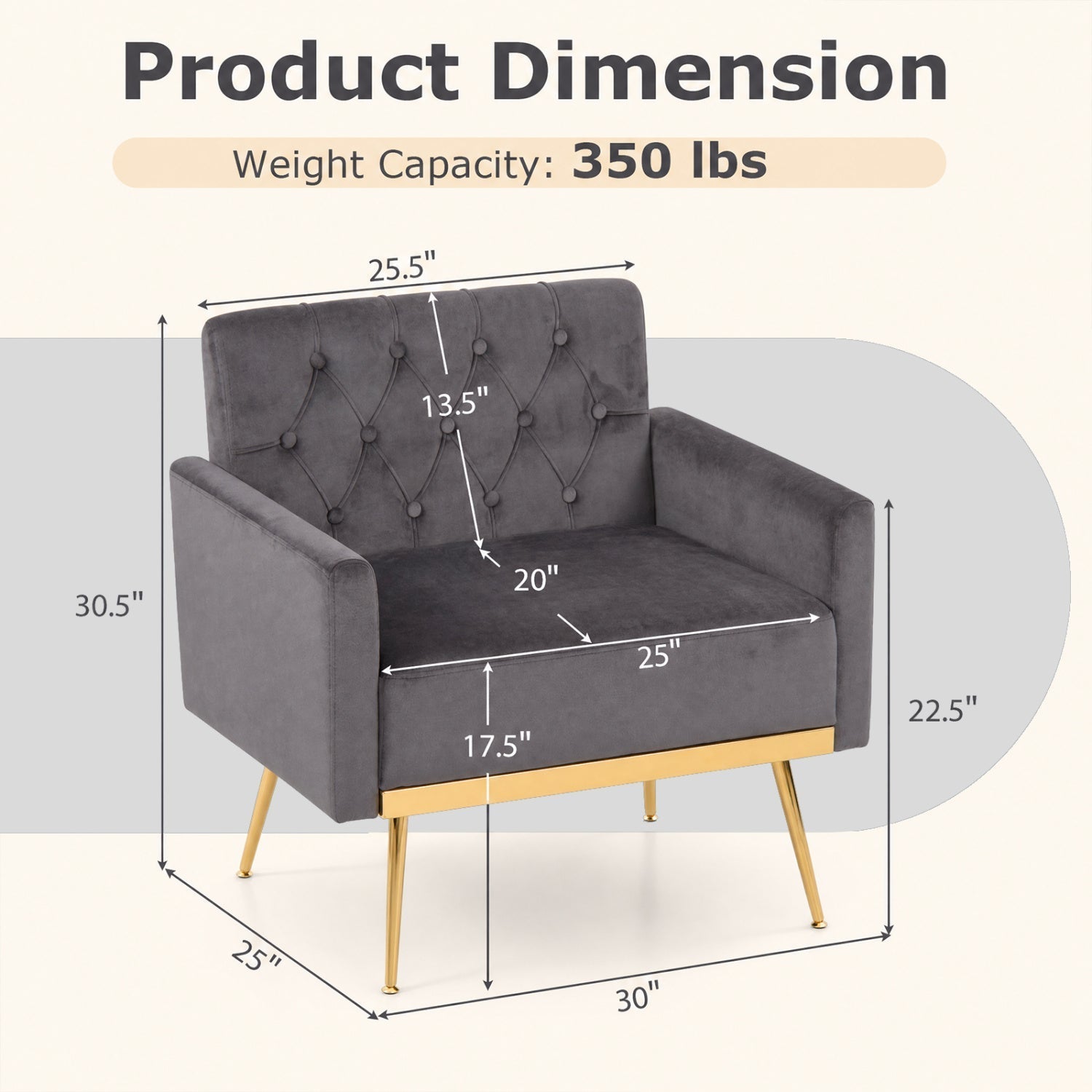 Modern Velvet Upholstered Accent Chair with Button-Tufted Back and Adjustable Feet