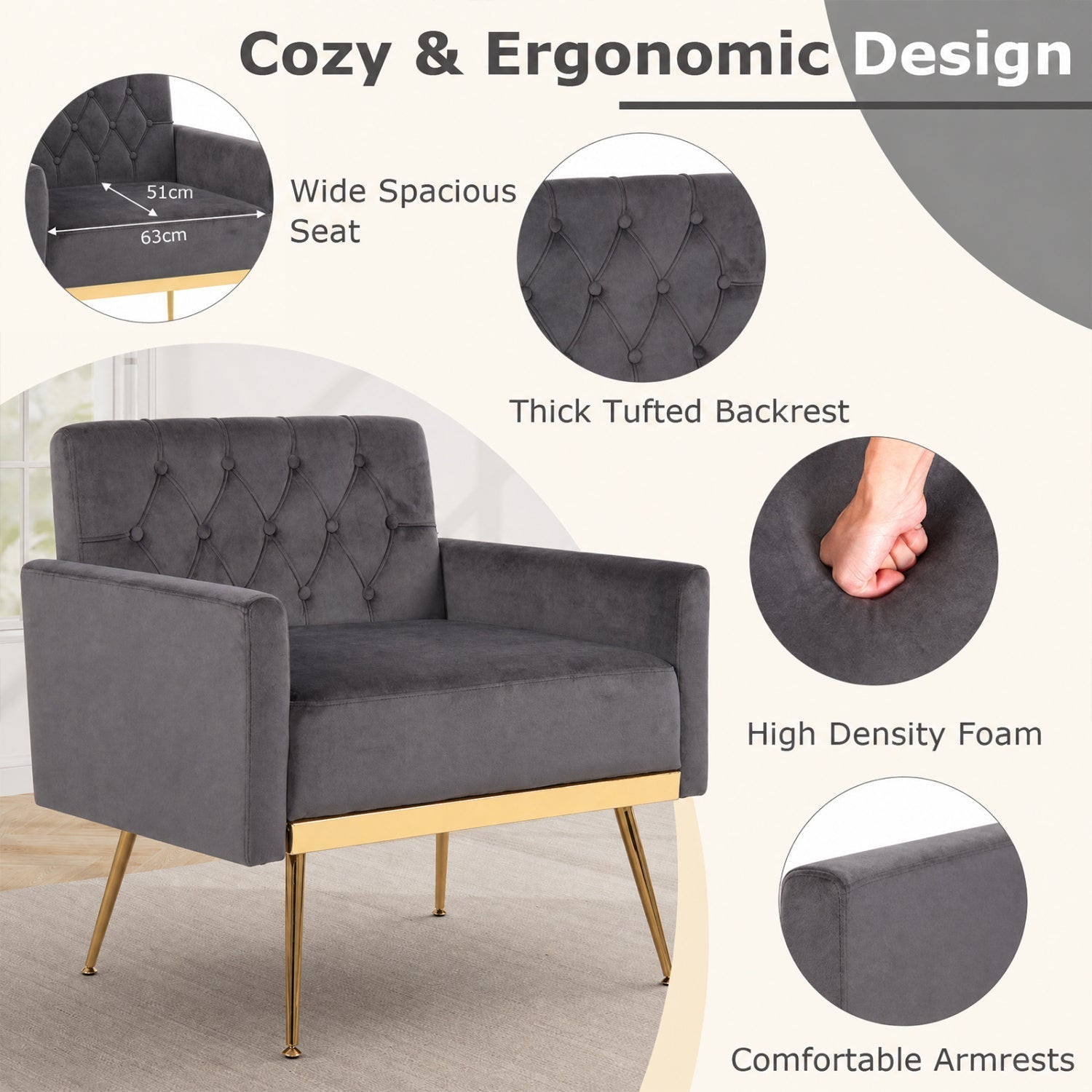 Modern Velvet Upholstered Accent Chair with Button-Tufted Back and Adjustable Feet