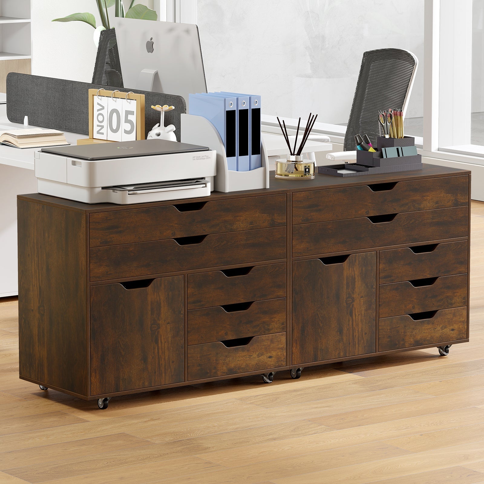Modern Vertical 5-Drawer Mobile Chest with Door 5 Casters