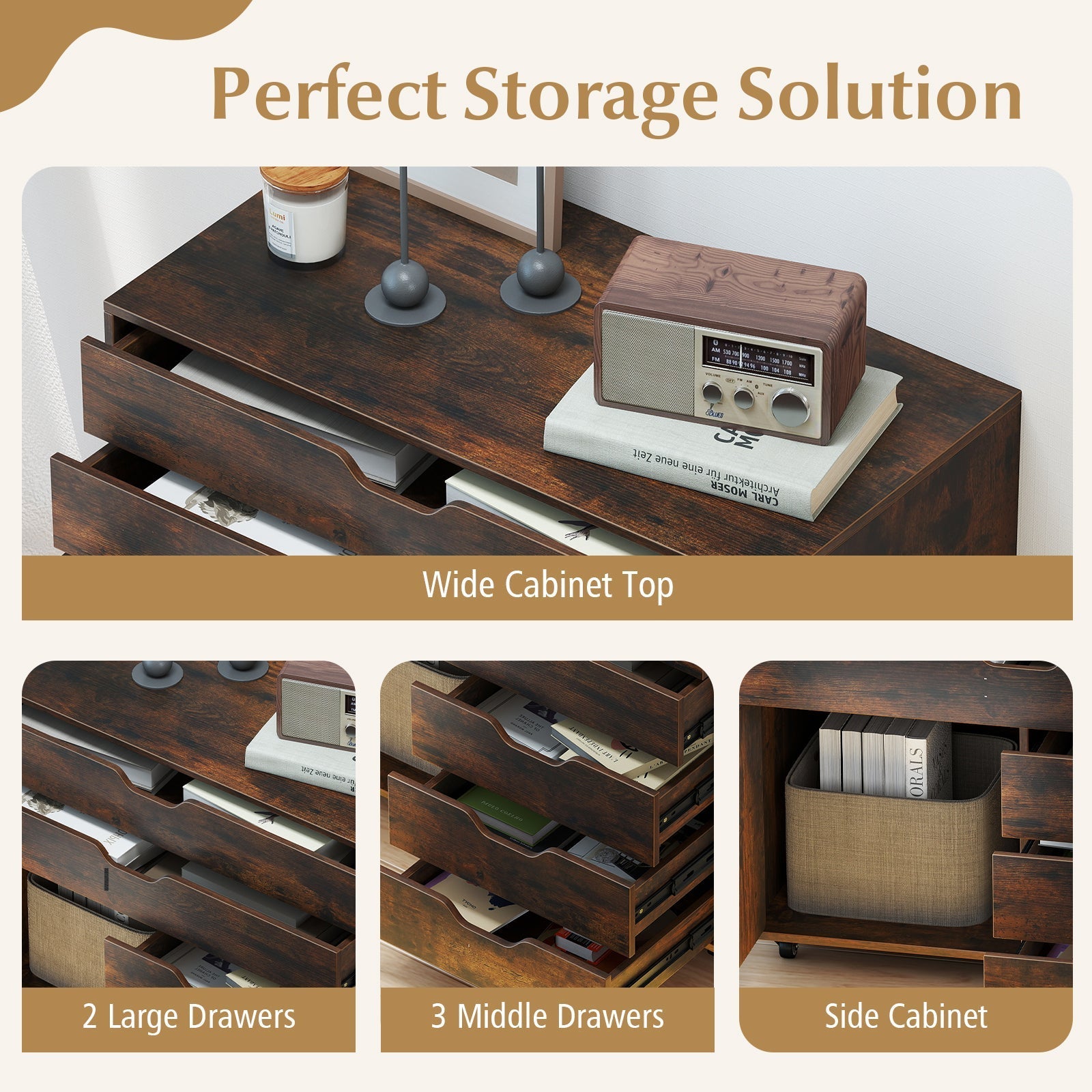 Modern Vertical 5-Drawer Mobile Chest with Door 5 Casters