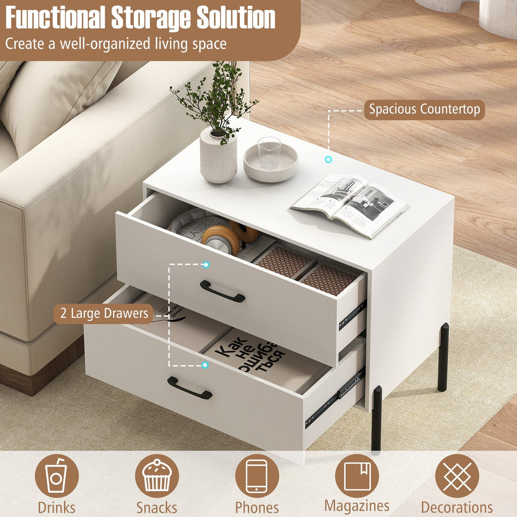 Modern Wooden 2-Drawer Nightstand with Metal Legs and Handles-White