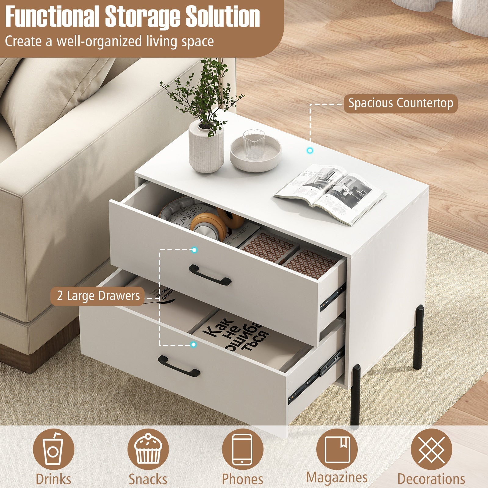 Modern Wooden 2-Drawer Nightstand with Metal Legs and Handles-White