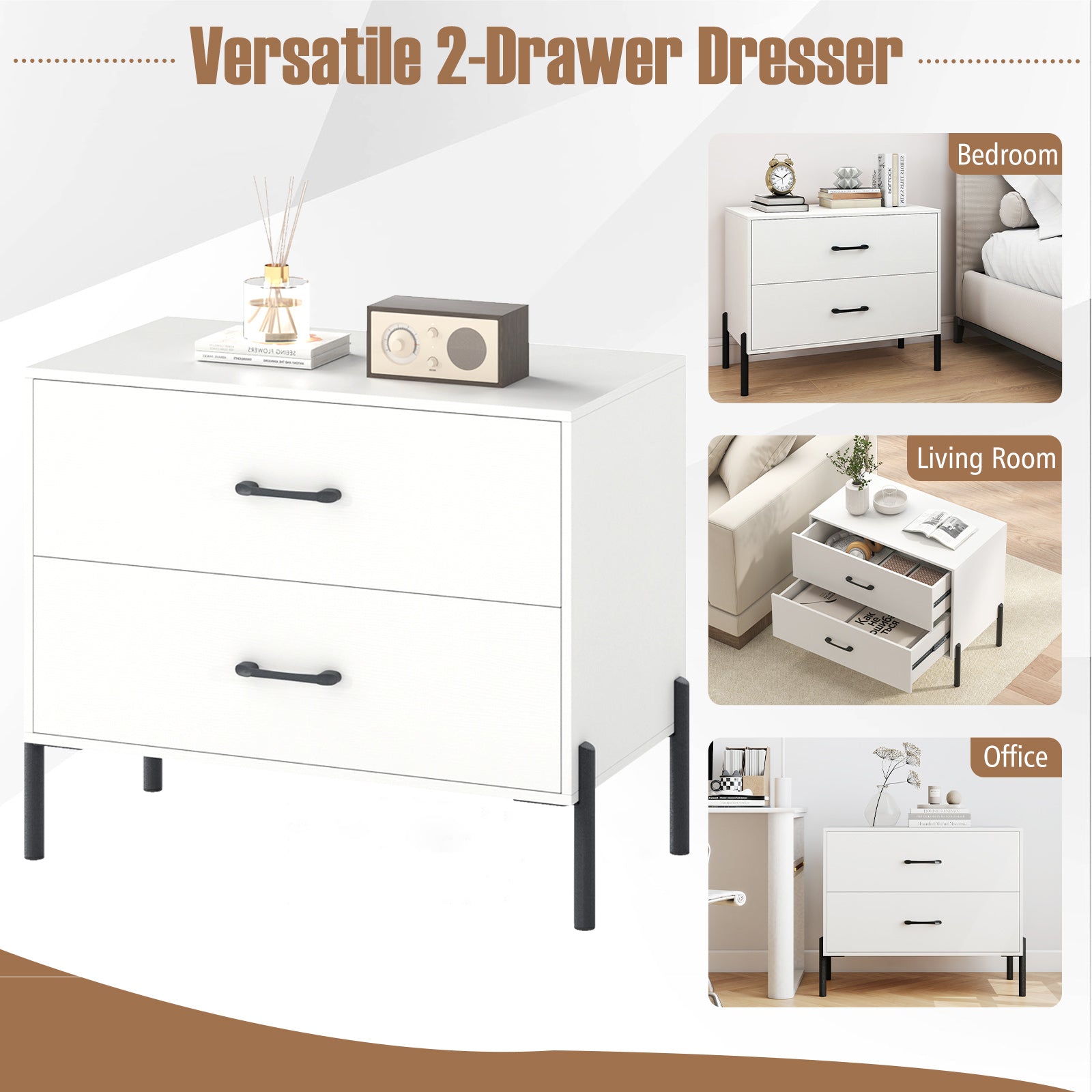 Modern Wooden 2-Drawer Nightstand with Metal Legs and Handles-White