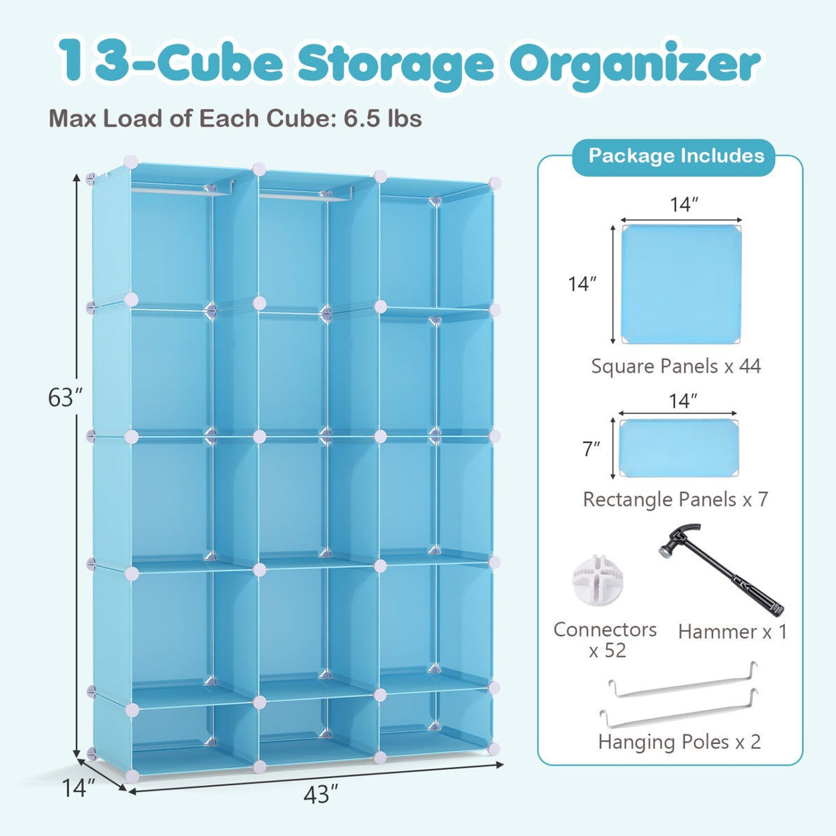 13-Cube Modular Kids Wardrobe with Hanging Rod and Shelves