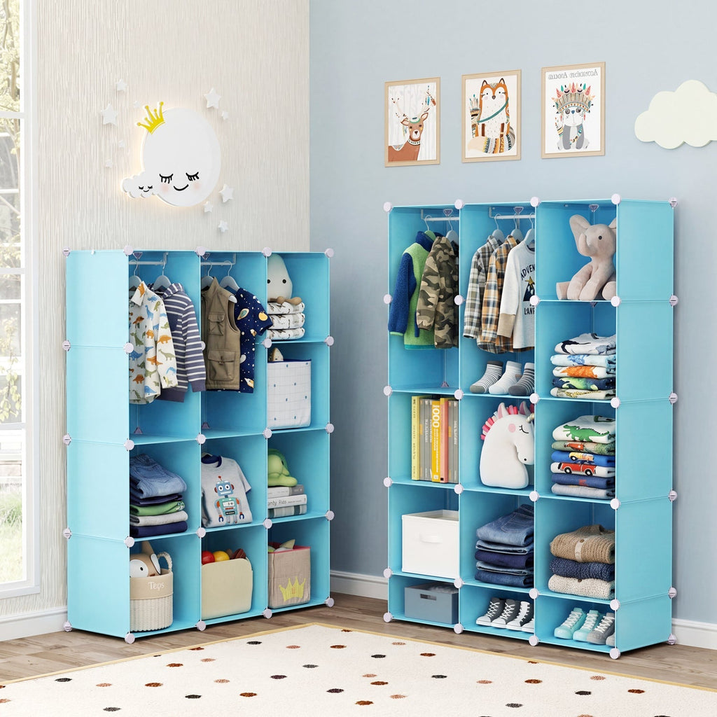 13-Cube Modular Kids Wardrobe with Hanging Rod and Shelves