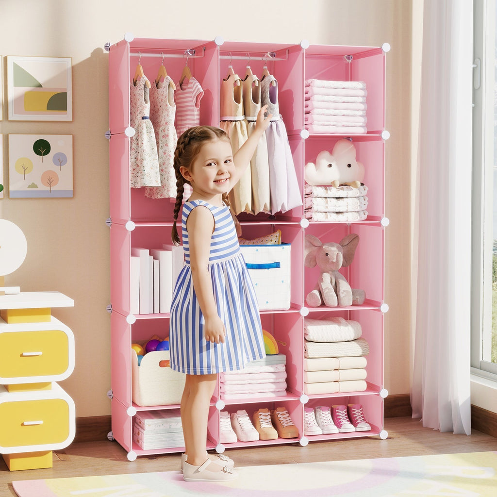 13-Cube Modular Kids Wardrobe with Hanging Rod and Shelves
