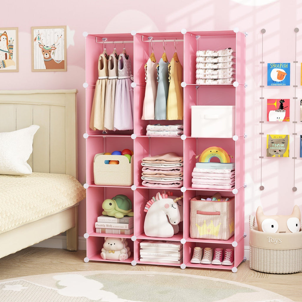 13-Cube Modular Kids Wardrobe with Hanging Rod and Shelves