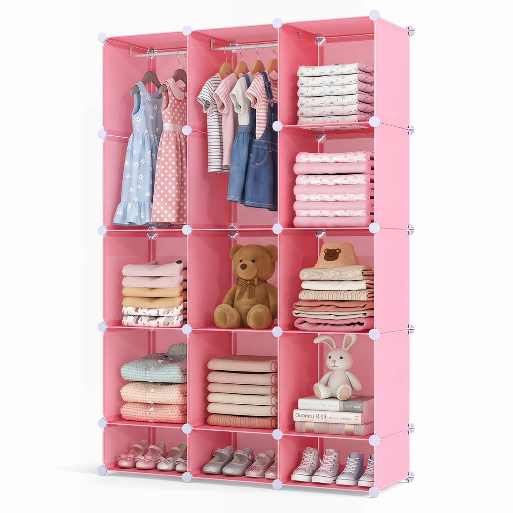13-Cube Modular Kids Wardrobe with Hanging Rod and Shelves