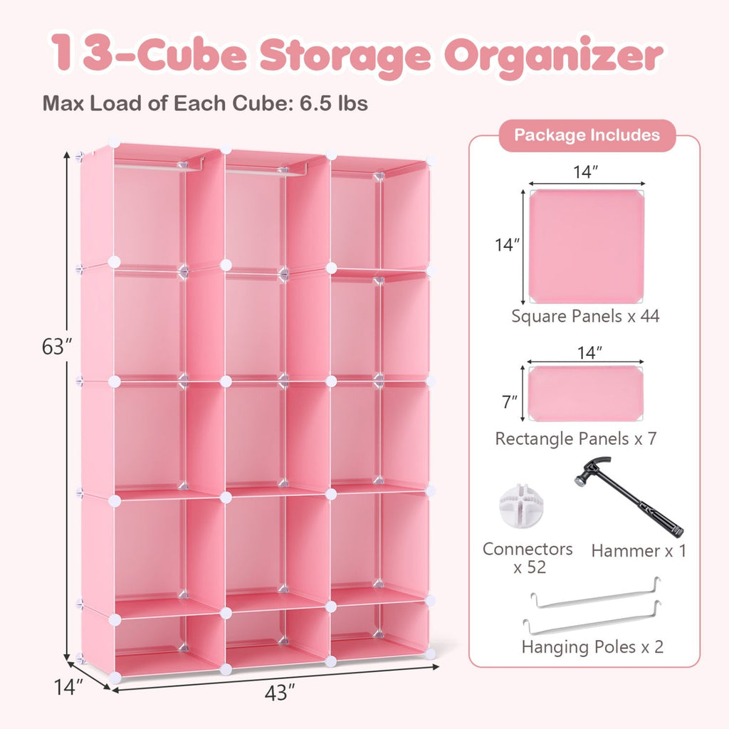 13-Cube Modular Kids Wardrobe with Hanging Rod and Shelves