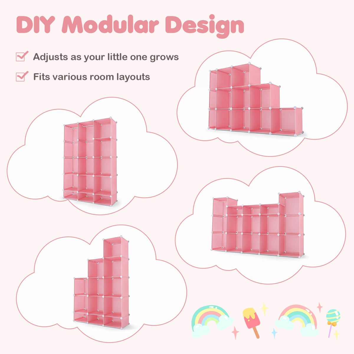 13-Cube Modular Kids Wardrobe with Hanging Rod and Shelves