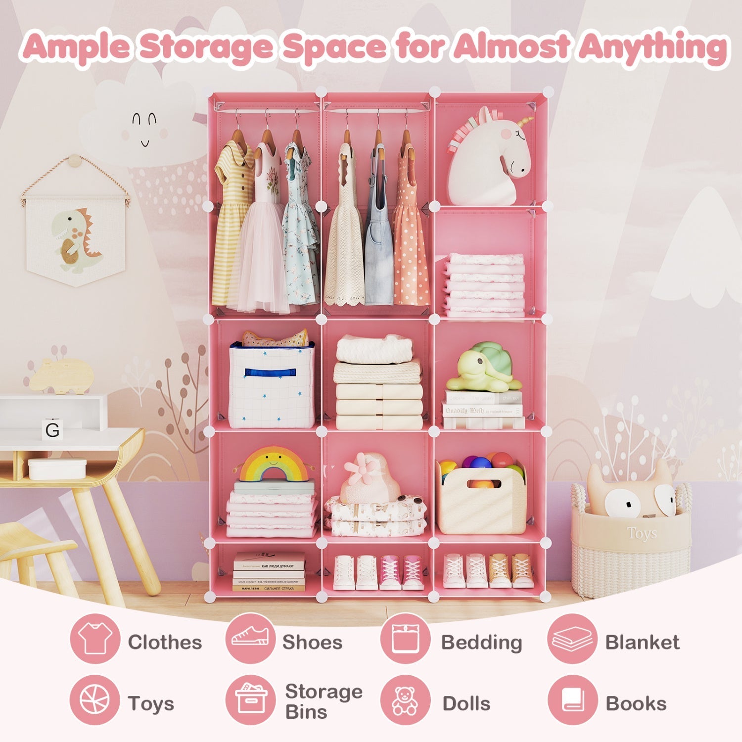 13-Cube Modular Kids Wardrobe with Hanging Rod and Shelves