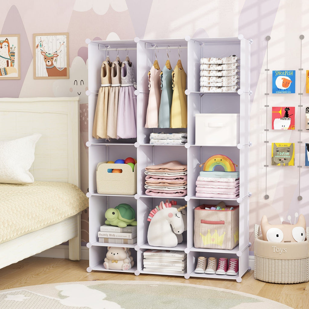 13-Cube Modular Kids Wardrobe with Hanging Rod and Shelves