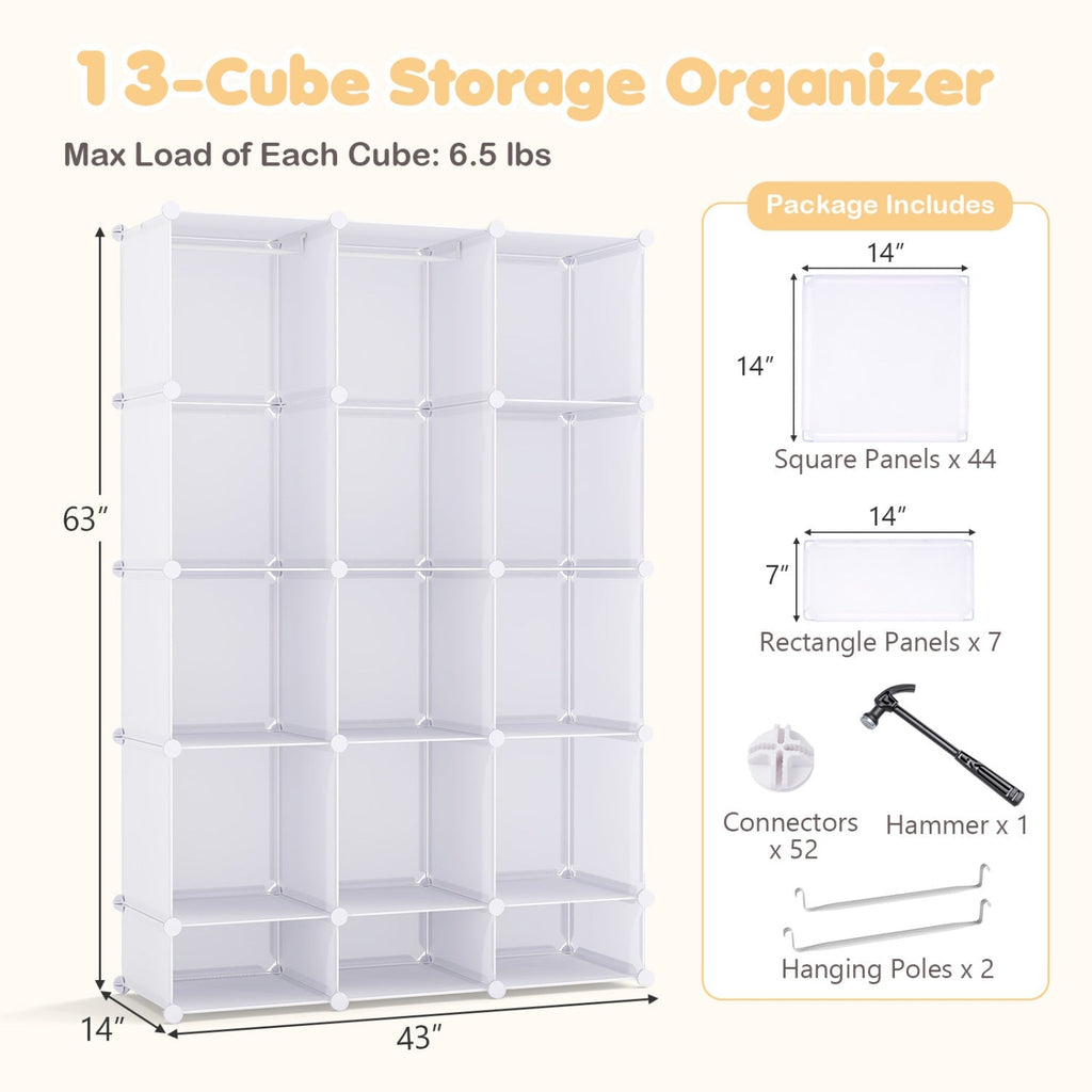 13-Cube Modular Kids Wardrobe with Hanging Rod and Shelves