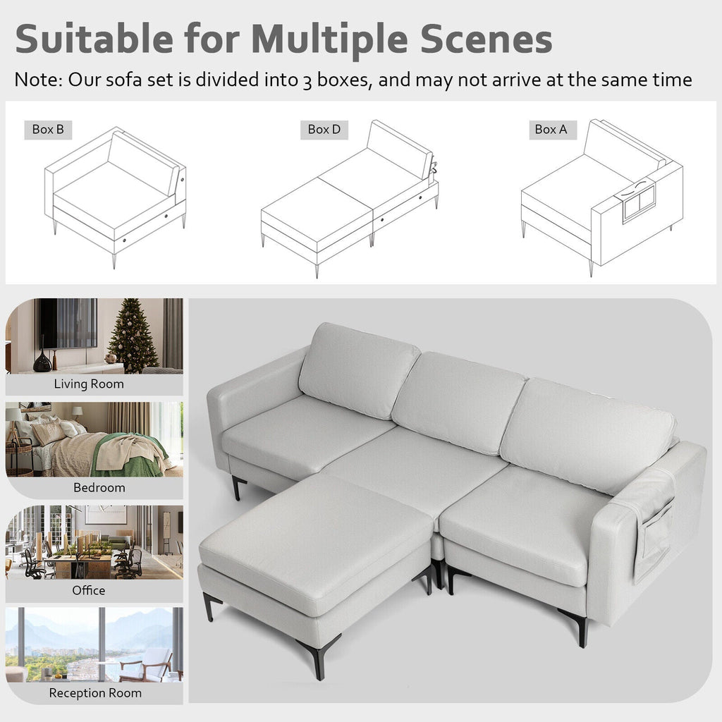 Modular 3-Seat L-shaped Sectional Sofa with Reversible Chaise and 2 USB Ports-Green