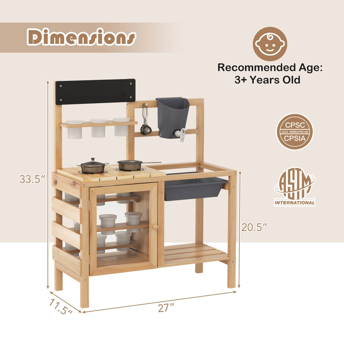 Mud Kitchen Playset with Sink and Plants Observation Room-Natural