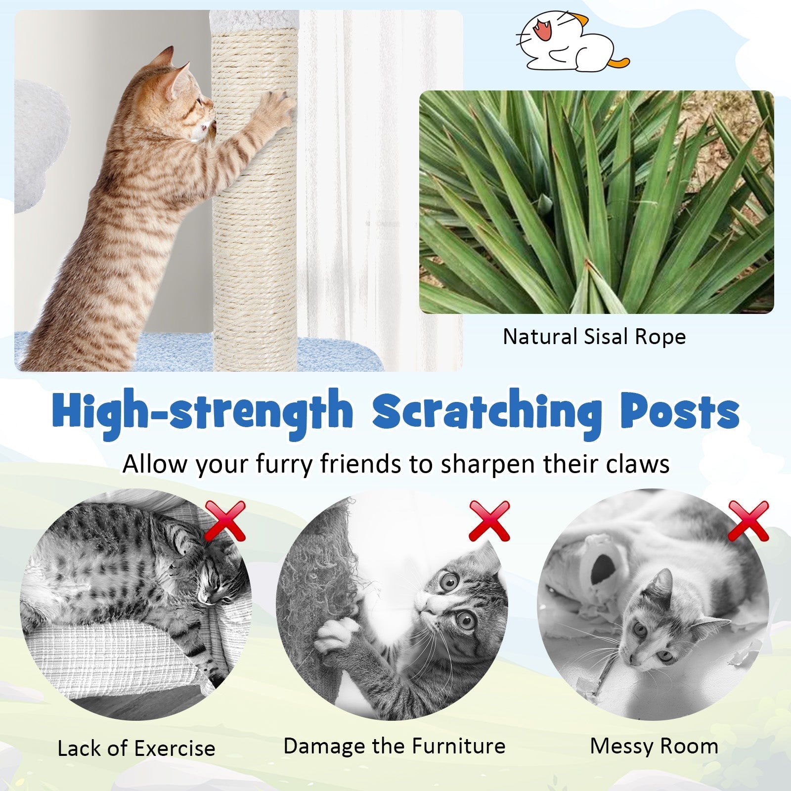 Multi-level Cat Tower with Sisal Covered Scratching Posts-Blue