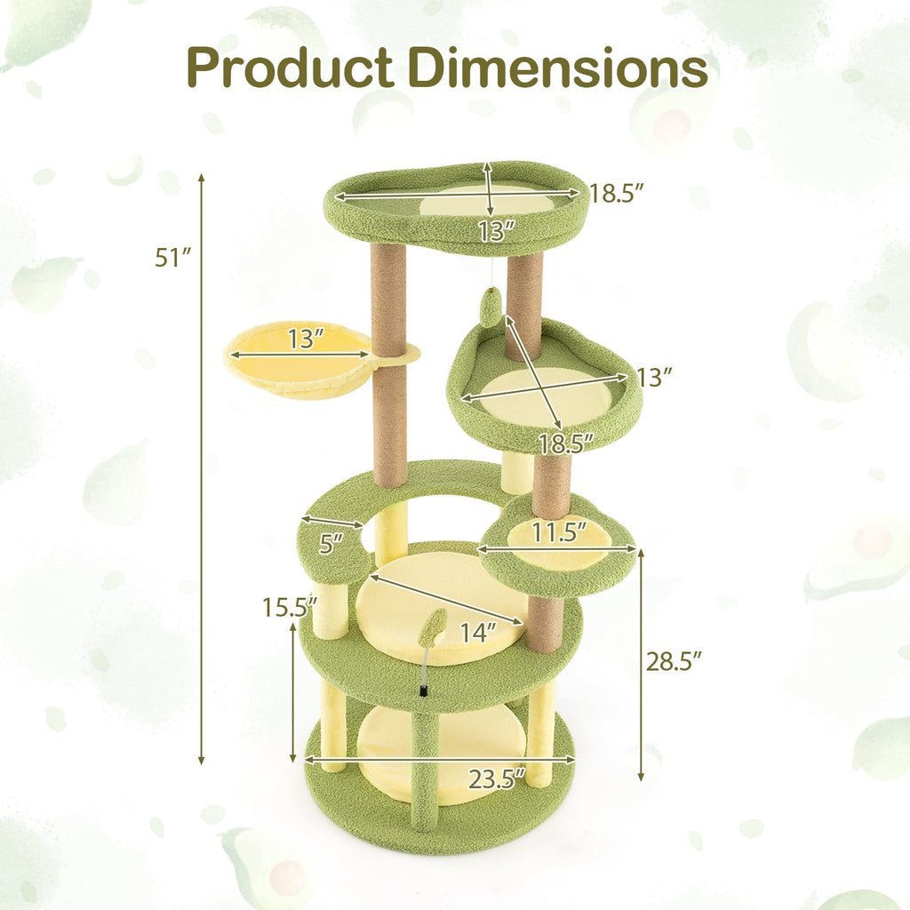 Multi-level Cat Tree Avocado Theme Cat Tower with Wide Perch Rotatable Basket-Green