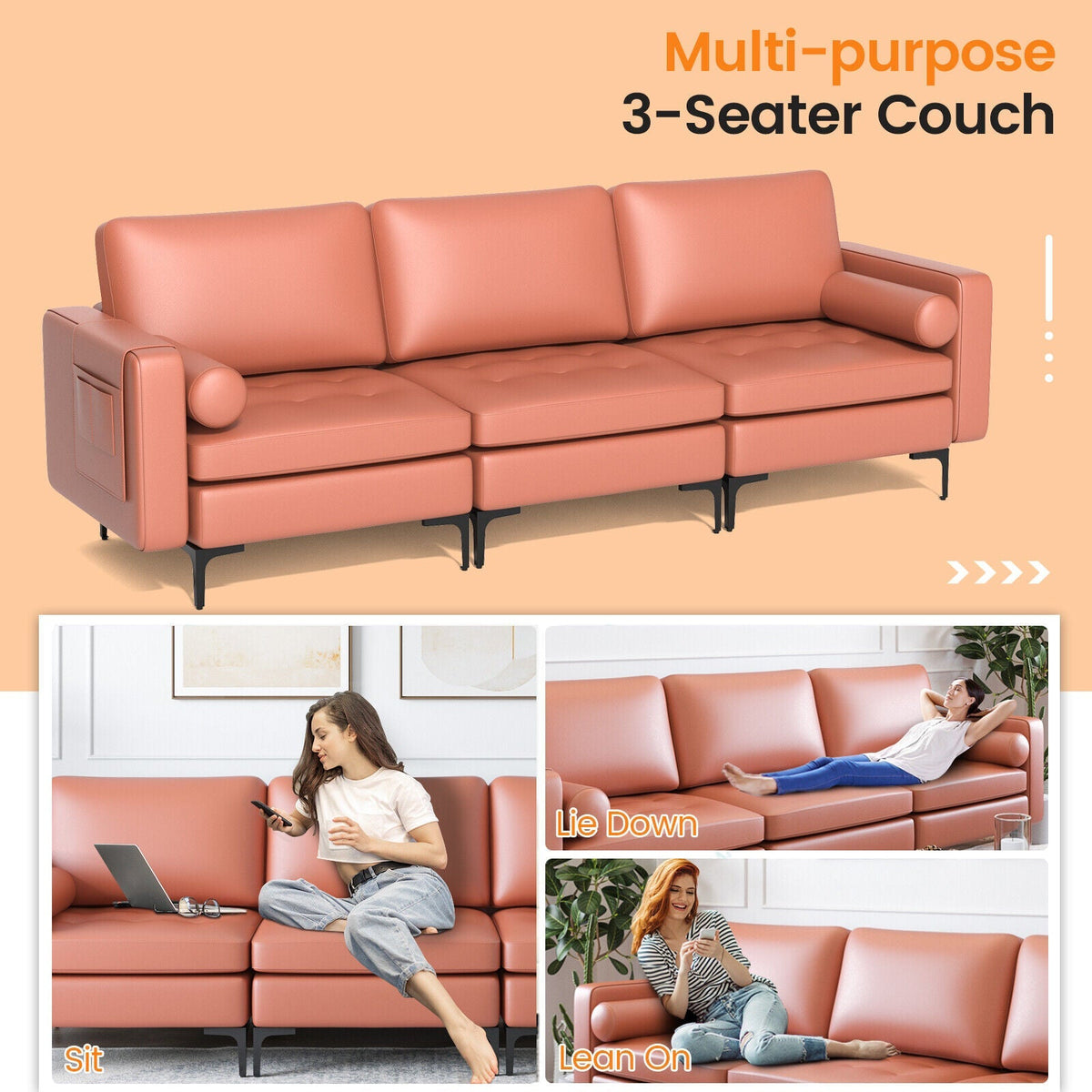 3-Seat Modular Sofa with Storage Pocket and Metal Legs