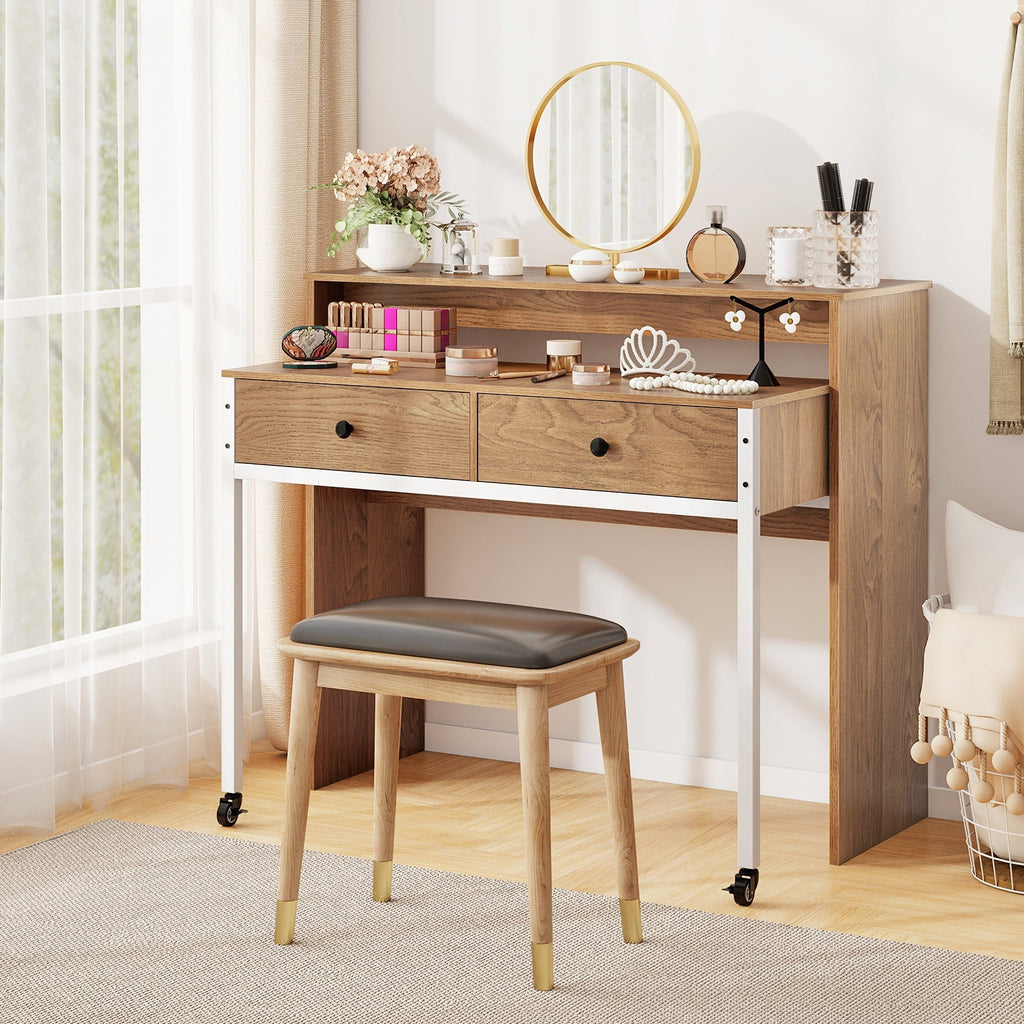 Extendable Computer Desk with Pull Out Secondary Desk-Natural