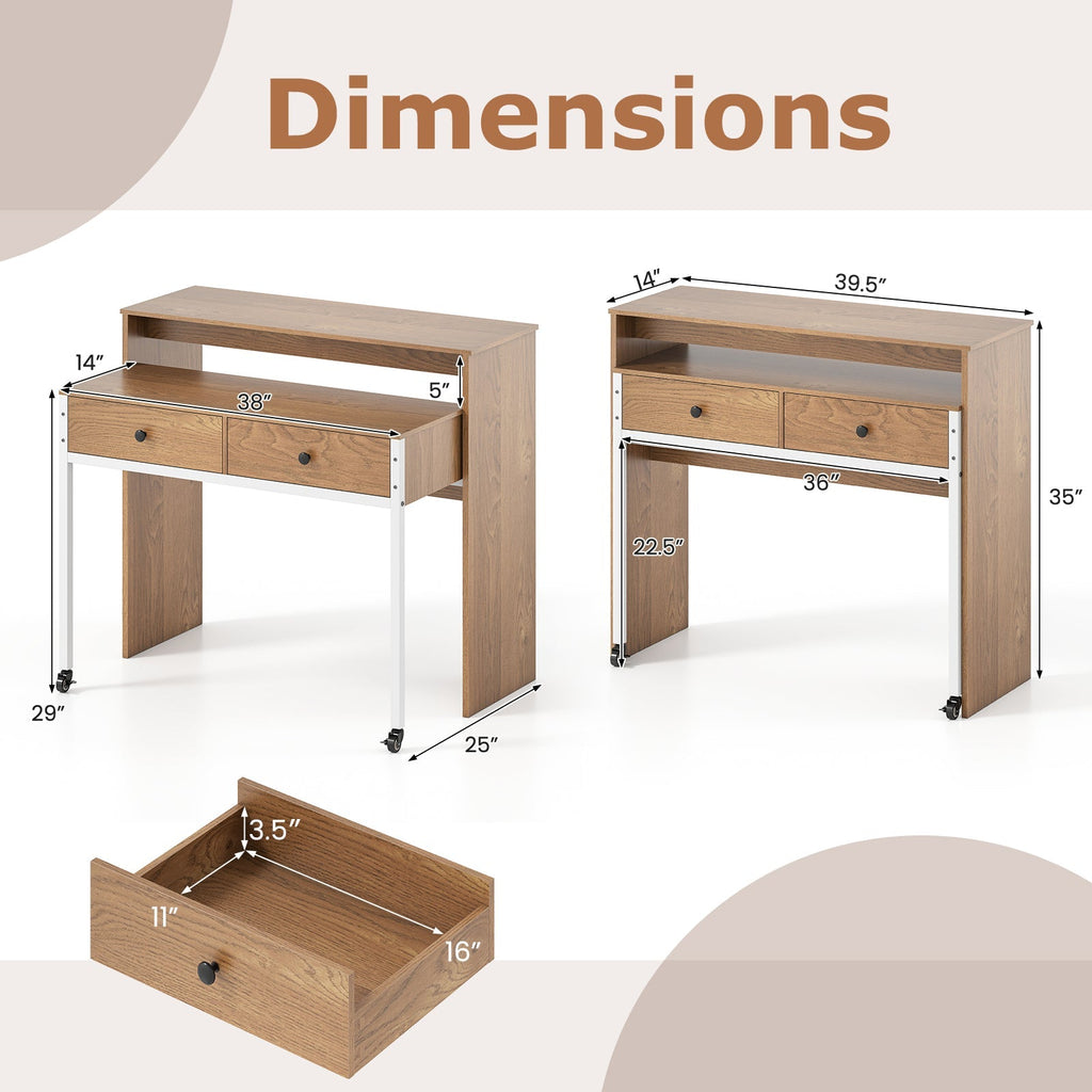 Extendable Computer Desk with Pull Out Secondary Desk-Natural