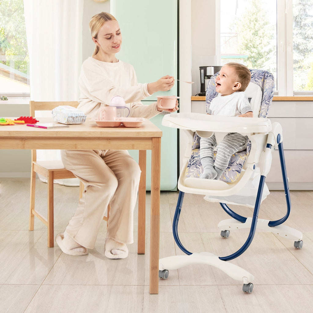 Multifunctional Folding Baby High Chair with Rolling Wheels and Adjustable Height