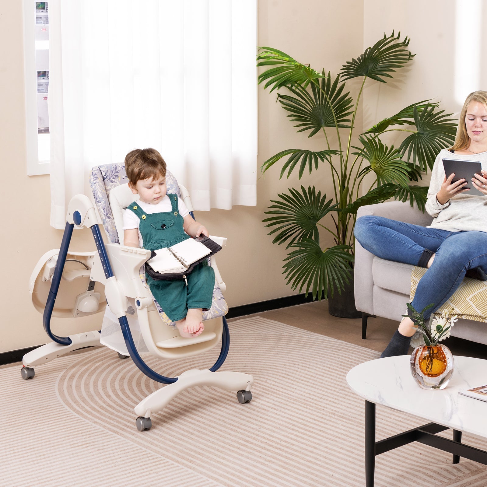 Multifunctional Folding Baby High Chair with Rolling Wheels and Adjustable Height