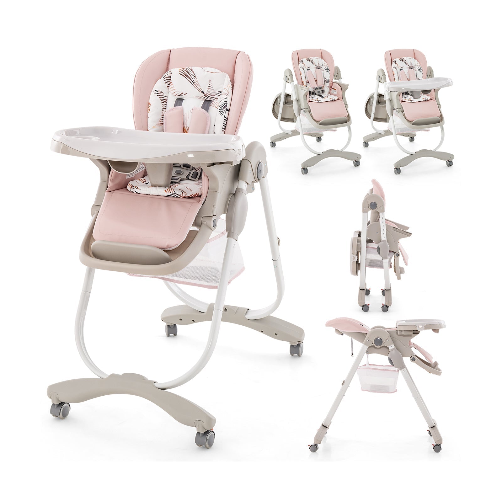 Multifunctional Folding Baby High Chair with Rolling Wheels and Adjustable Height