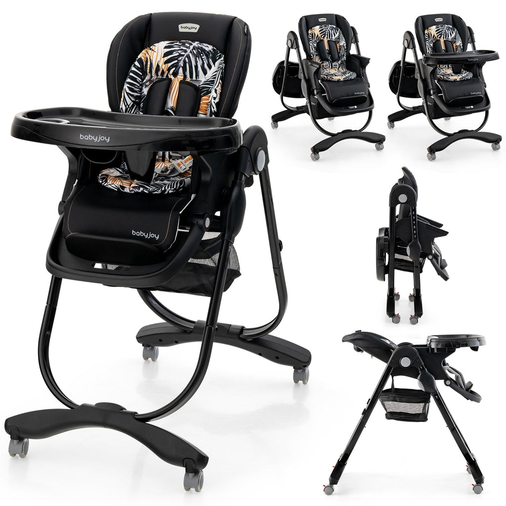 Multifunctional Folding Baby High Chair with Rolling Wheels and Adjustable Height