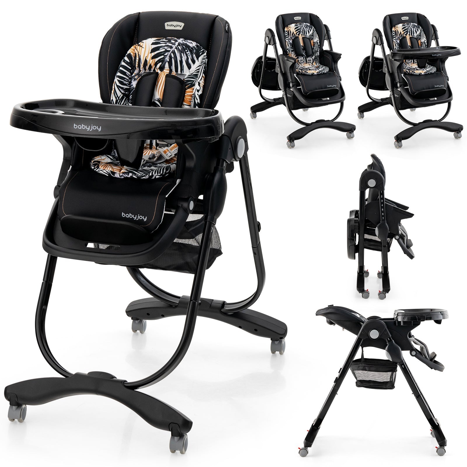 Multifunctional Folding Baby High Chair with Rolling Wheels and Adjustable Height