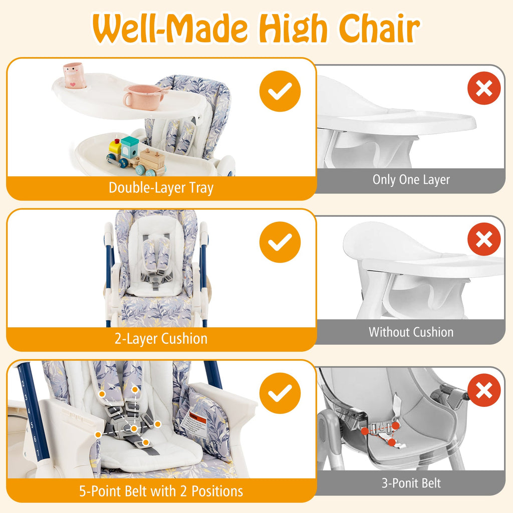 Multifunctional Folding Baby High Chair with Rolling Wheels and Adjustable Height