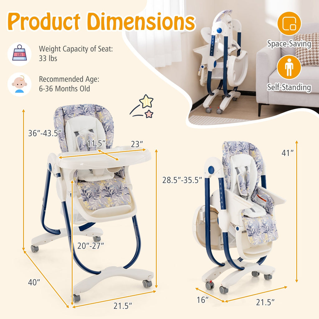 Multifunctional Folding Baby High Chair with Rolling Wheels and Adjustable Height