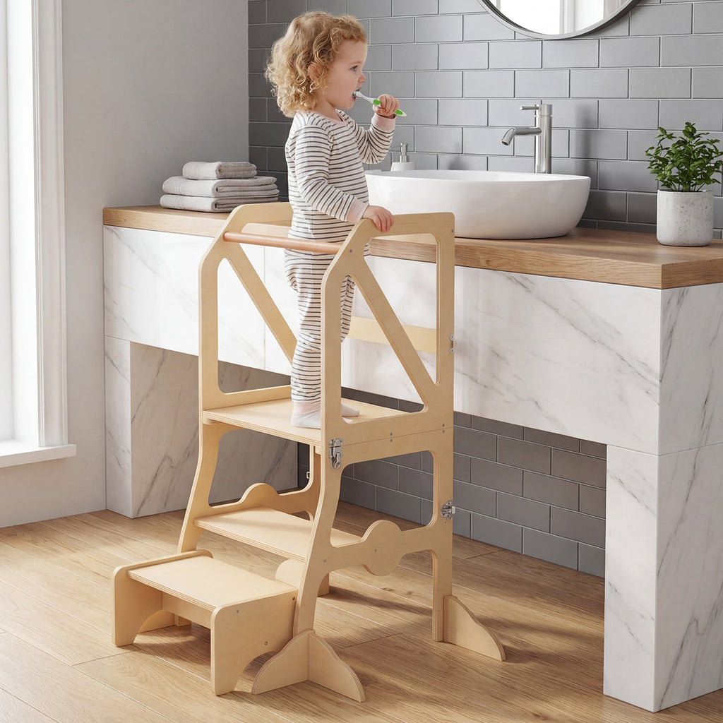 Multifunctional Kids Kitchen Step Stool with Removable Safety Bar and Fixing Buckles