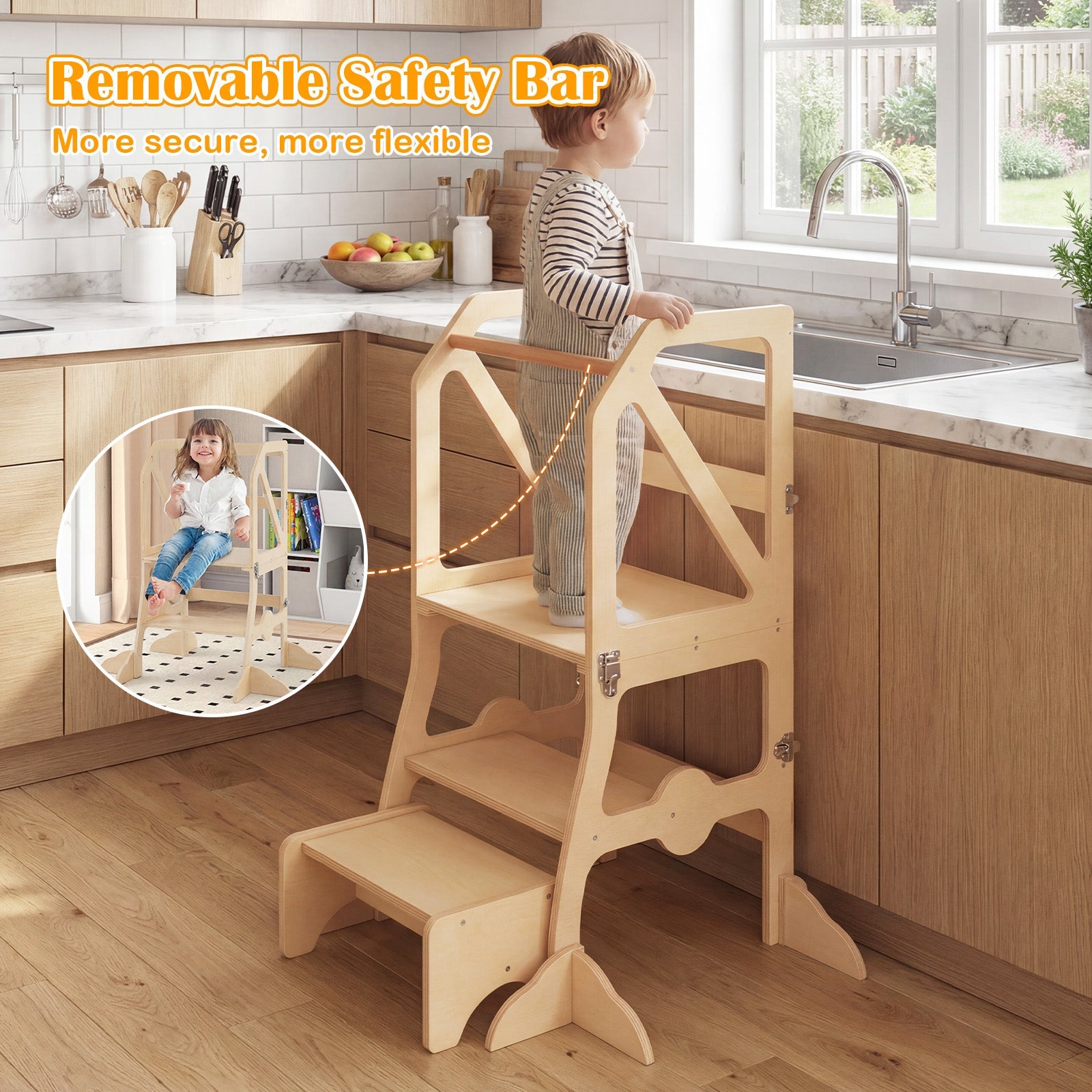 Multifunctional Kids Kitchen Step Stool with Removable Safety Bar and Fixing Buckles