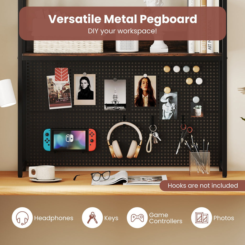 Multipurpose 2-Tier Desktop Bookshelf with Pegboard for up to 32 Inch Computer Monitor-Rustic Brown