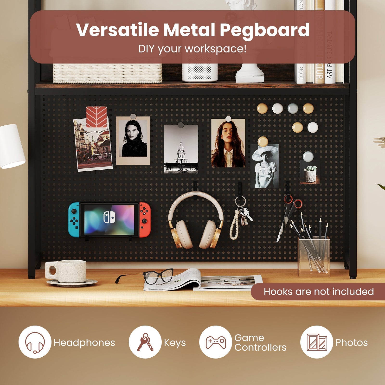 Multipurpose 2-Tier Desktop Bookshelf with Pegboard for up to 32 Inch Computer Monitor-Rustic Brown