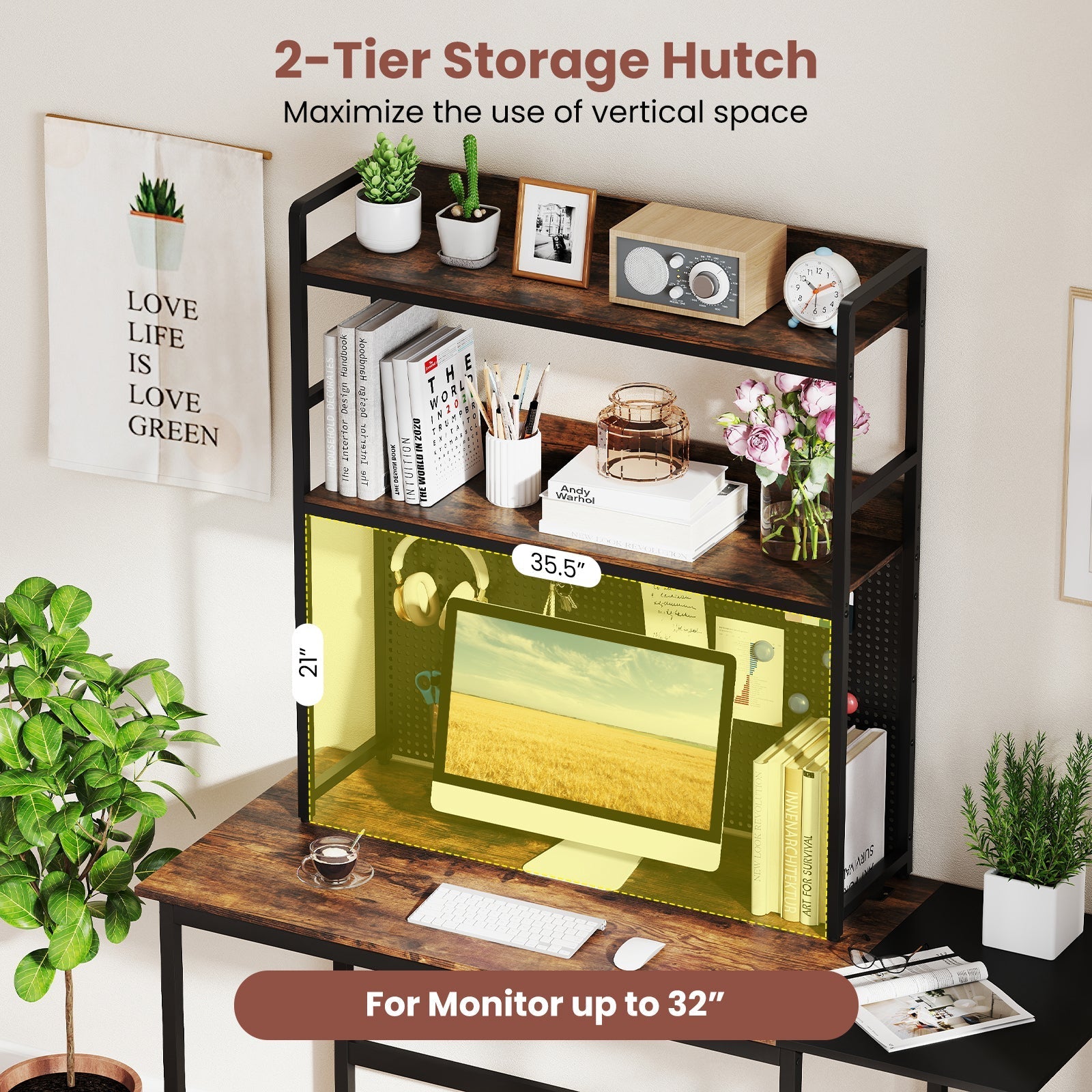 Multipurpose 2-Tier Desktop Bookshelf with Pegboard for up to 32 Inch Computer Monitor-Rustic Brown